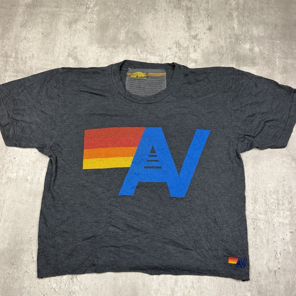 Aviator Nation Logo Boyfriend Cropped Tee Heather Dark Grey Size M USA Made